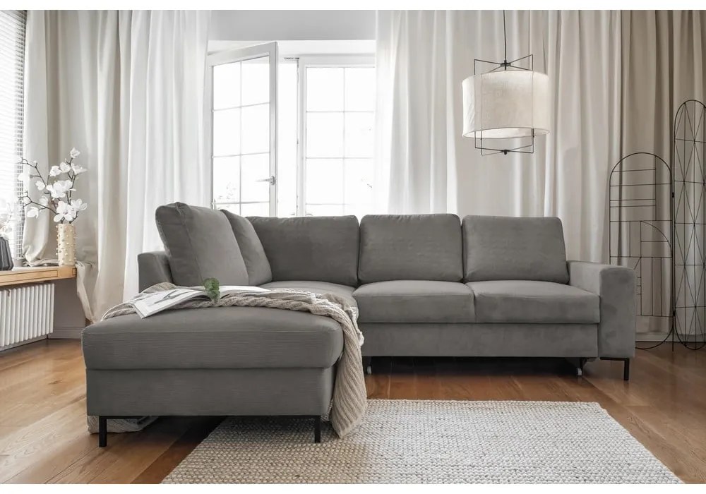 Szürke kordbársony kinyitható sarokkanapé (bal oldali) Lofty Lilly – Miuform