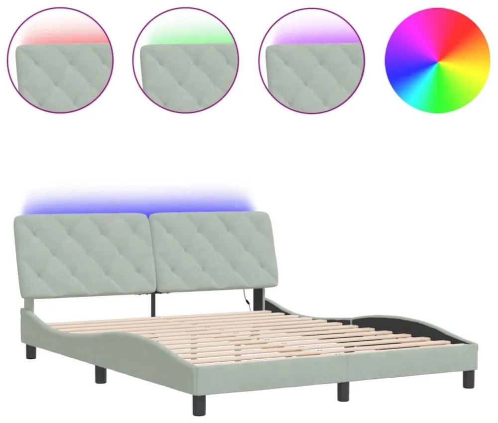 világosszürke bársony ágykeret LED-ekkel matrac nélkül 160 x 200 cm