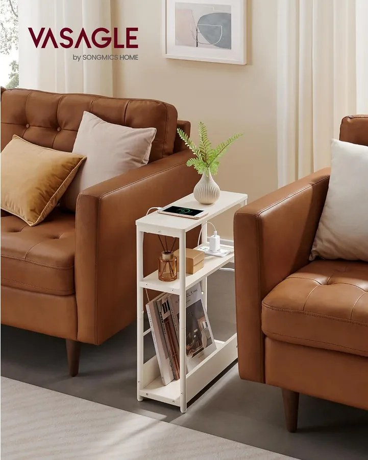 Keskeny oldal asztal töltő funkcióval 3 polcos,18 × 45 × 58 cm Krém fehér