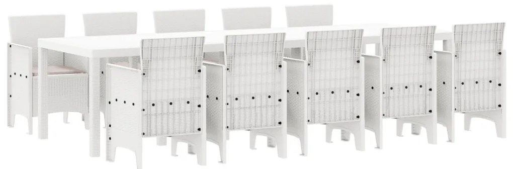 11 részes kerti étkezőszett párnákkal fehér polirattanból, Kerti asztal 150x100x73 cm fehér polirattanból, Kerti szék párnákkal 2 db fehér polirattanból, Kerti szék párnákkal 4 db fehér polirattanból
