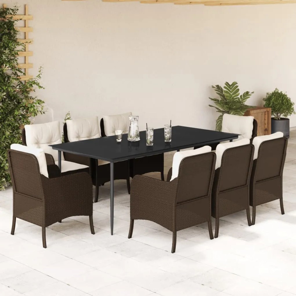 9 részes barna polyrattan kerti étkezőgarnitúra párnákkal