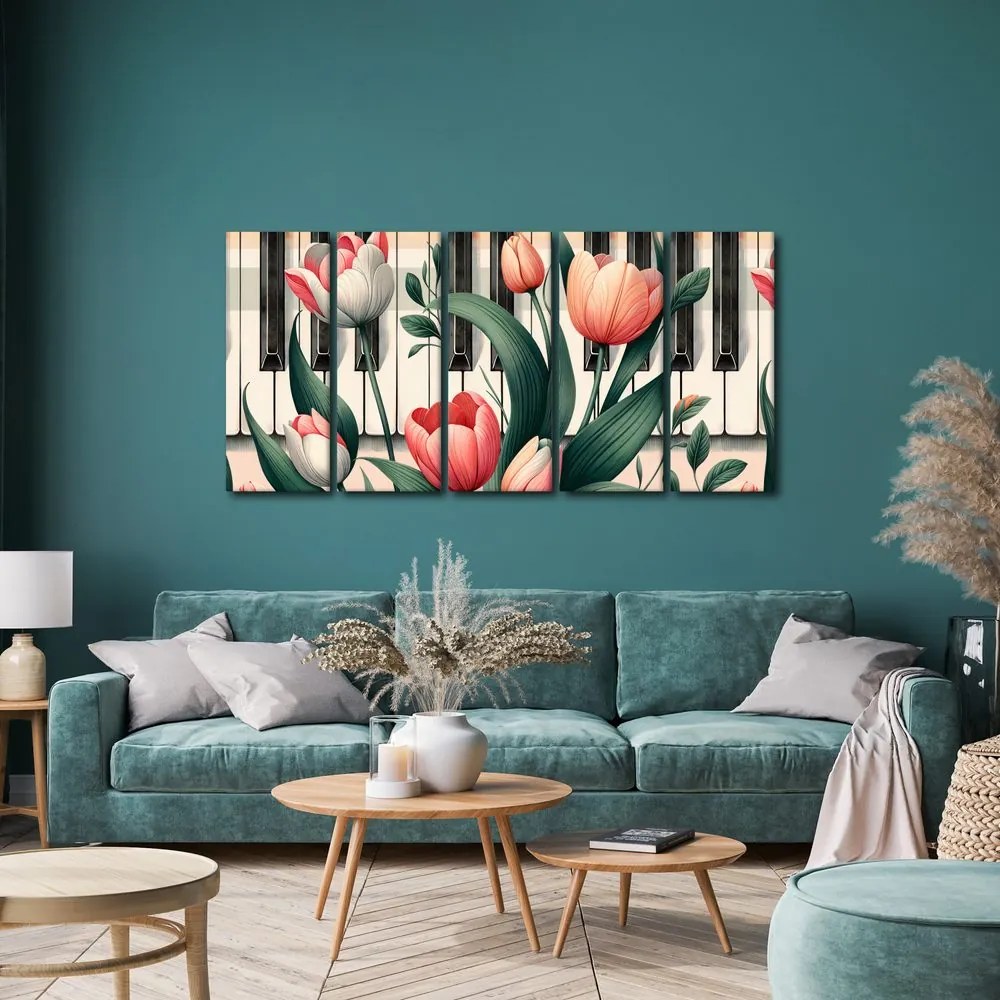 5 részes kép zongora és tulipánok virágszimfóniában