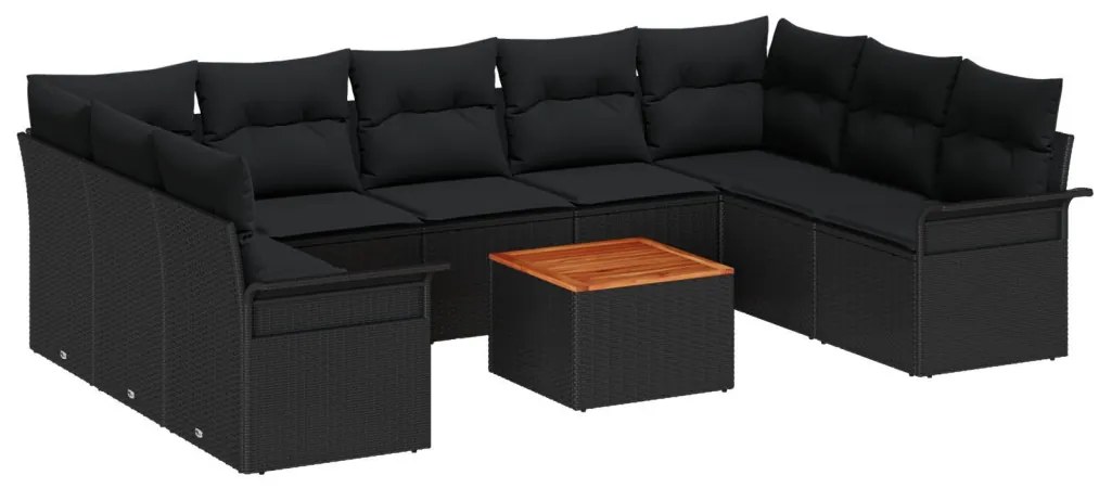 10 részes kerti kanapé szett párnákkal, fekete, poli rattan, akác, 2 fős kerti kanapé tárolóval és párnákkal, fekete, poli rattan