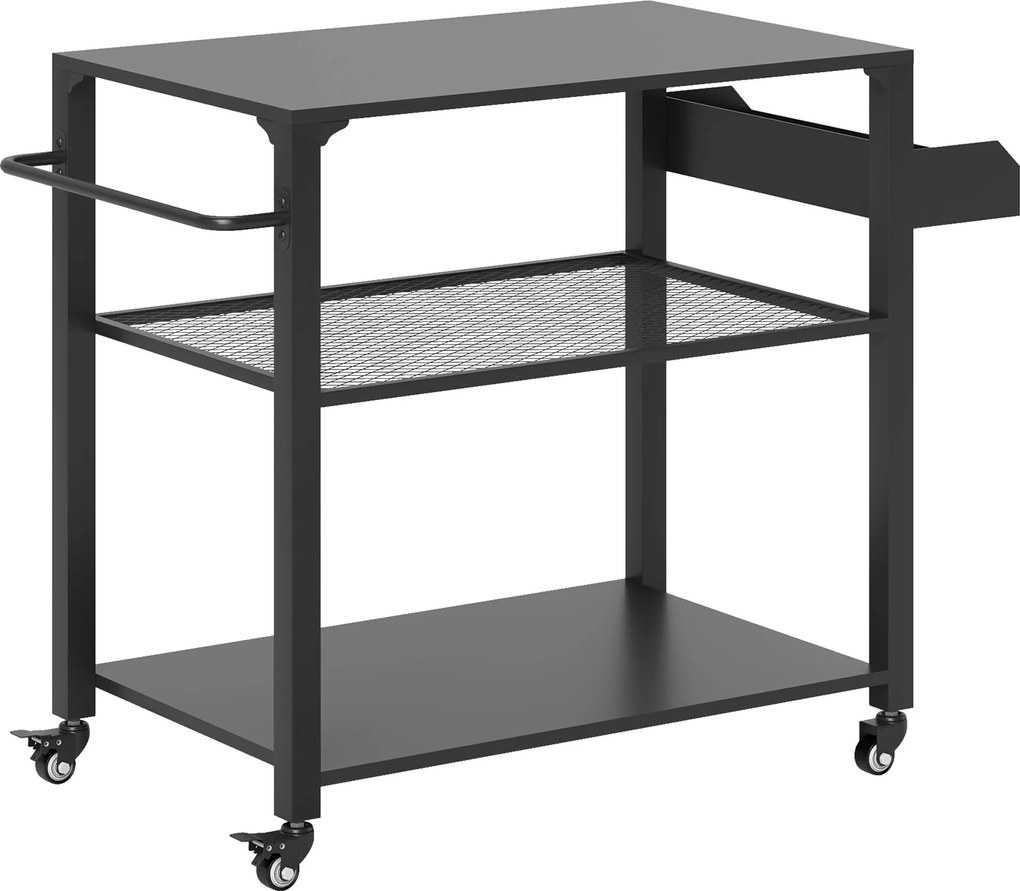 Outsunny 3-Szintes BBQ Kiszolgáló Kocsi Munkafelülettel, Kerekekkel, Rozsdamentes Acél Grillező Asztal, Kültéri Kocsi, Faszenes Grillező Kerthez, Tera