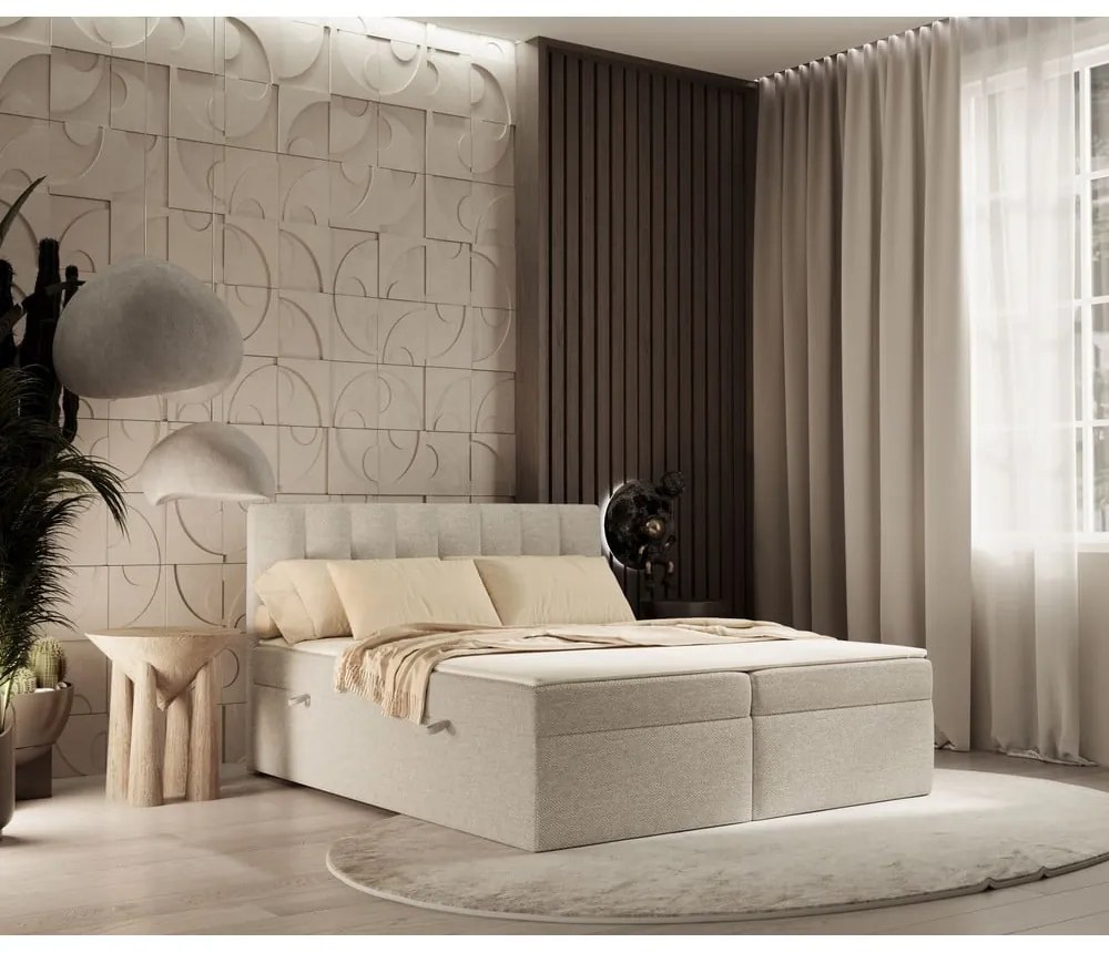 Bézs ágyneműtartós boxspring ágy 140x200 cm Novento – Maison de Rêve