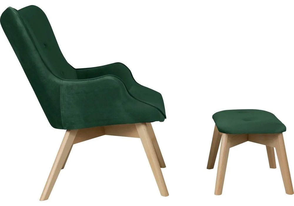 Sötétzöld bársony fotel lábtartóval Niko – Ropez