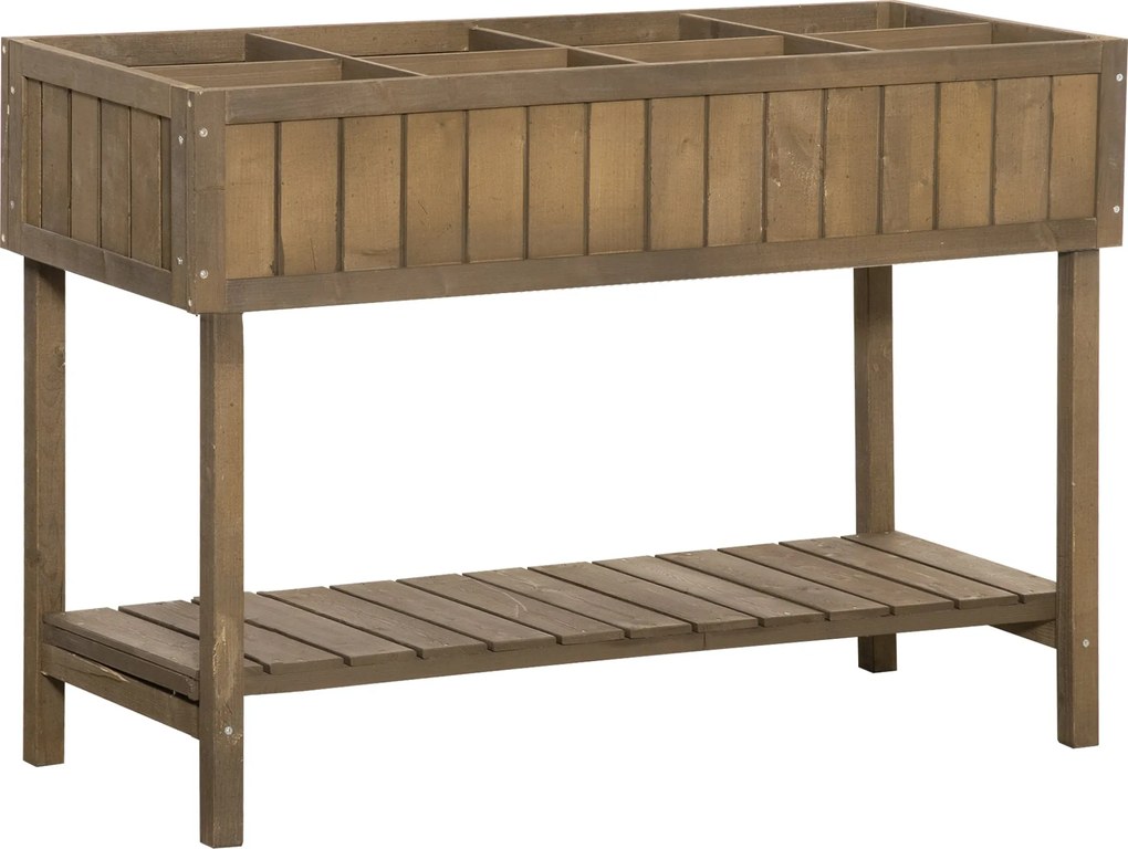 Outsunny Négyzetes Emelt Virágtartó Polccal, 110L x 46Sz x 76M cm, 8 Rekesszel és Öntözőbetétekkel Fenyőfából | Aosom