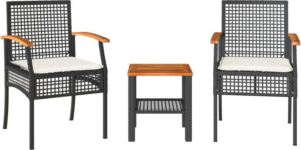 vidaXL 3 részes fekete polyrattan és akácfa bisztrószett párnákkal