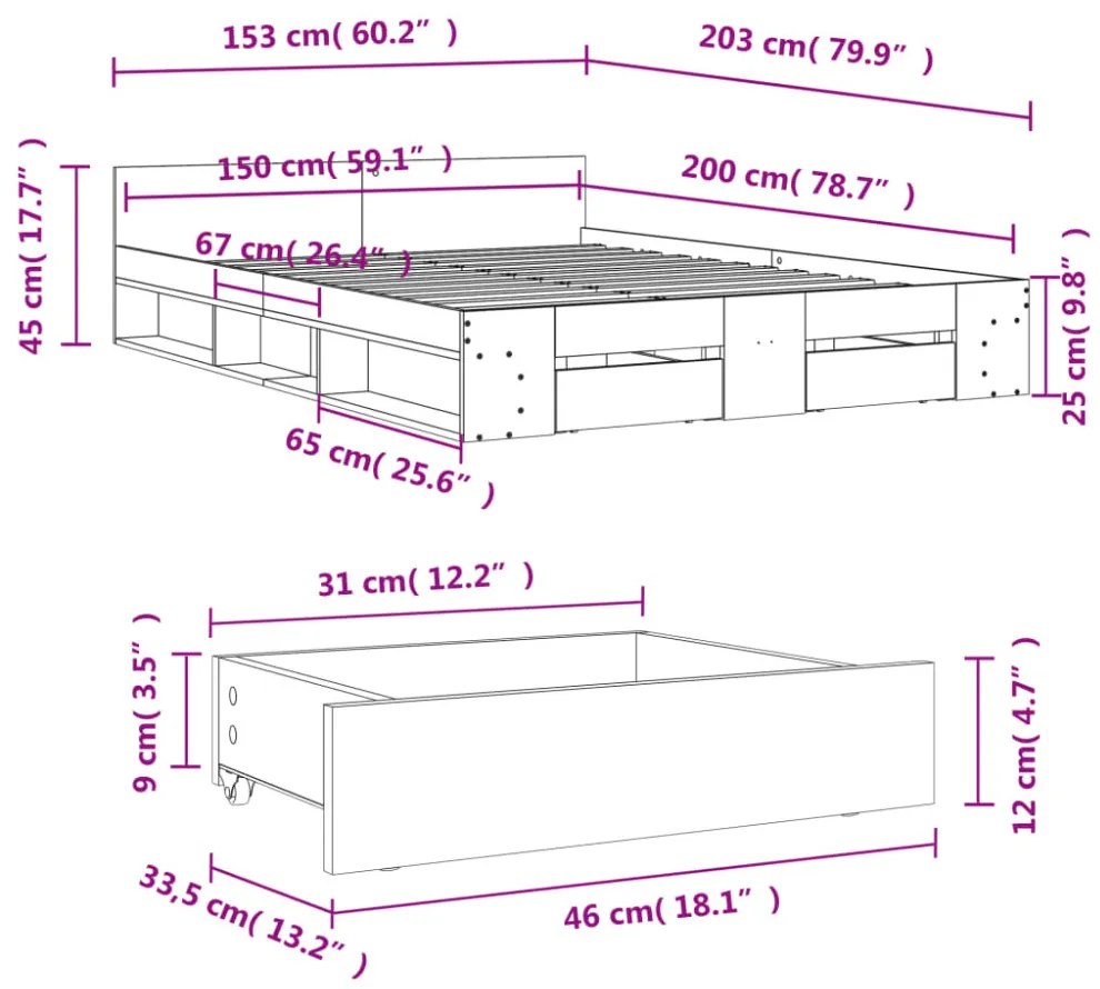sonoma tölgy színű szerelt fa ágykeret fiókokkal 150 x 200 cm