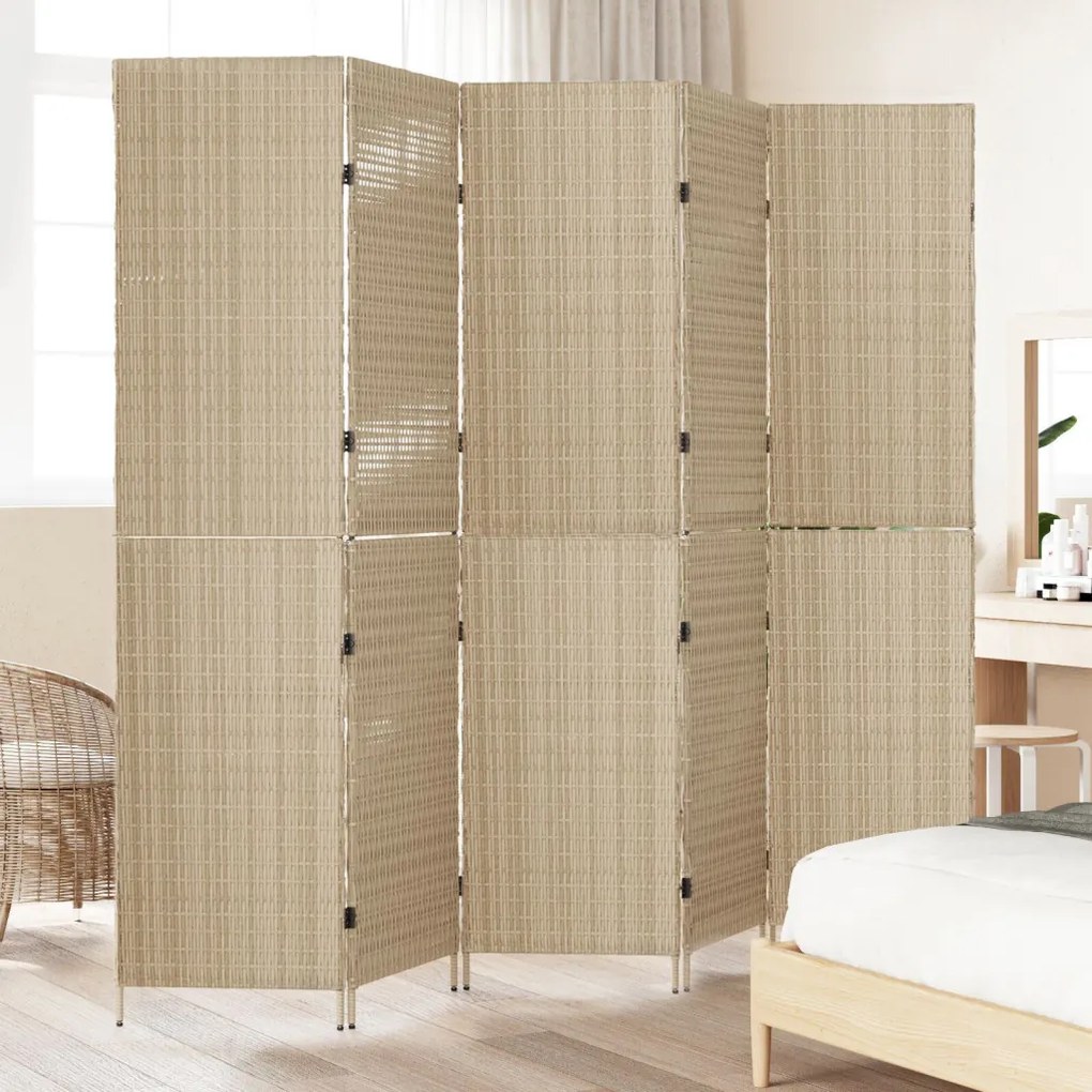 5 Paneles Páraván Összecsukható Bézs 245x180 cm Poly Rattan