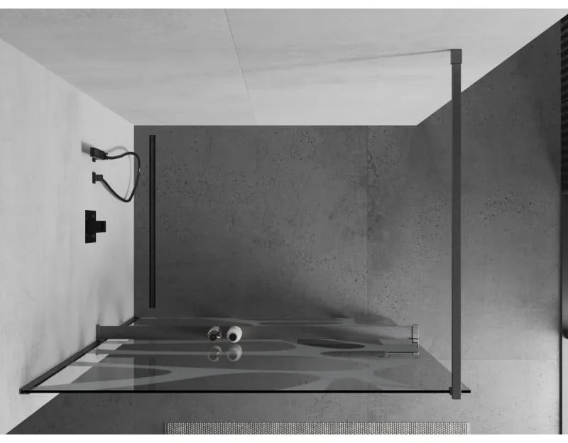Mexen Kioto+, Walk-In zuhany paraván polccal és akasztóval 120 x 200 cm, 8 mm átlátszó üveg fehér mintás, grafit profil, 800-120-121-66-97