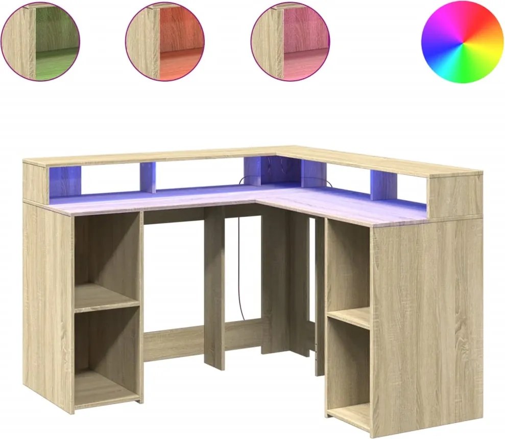 vidaXL sonoma tölgy színű szerelt fa íróasztal LED-ekkel 130x130x91 cm