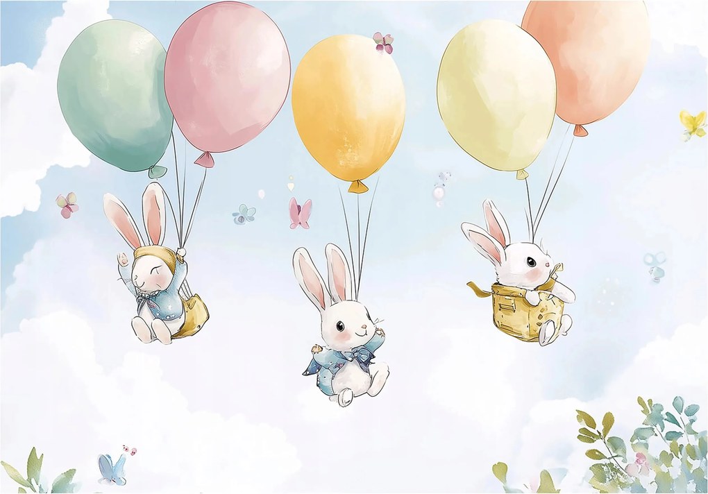 Fotótapéta a gyerekek szobájába Nyuszik a lufikon mesebeli égbolt