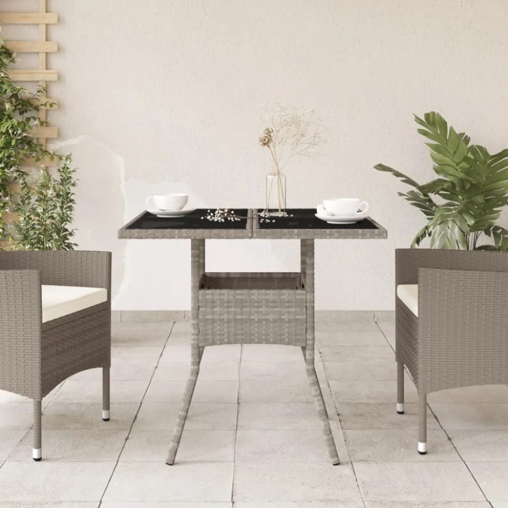 világosszürke polyrattan üveglapos kerti asztal 80 x 80 x 75 cm