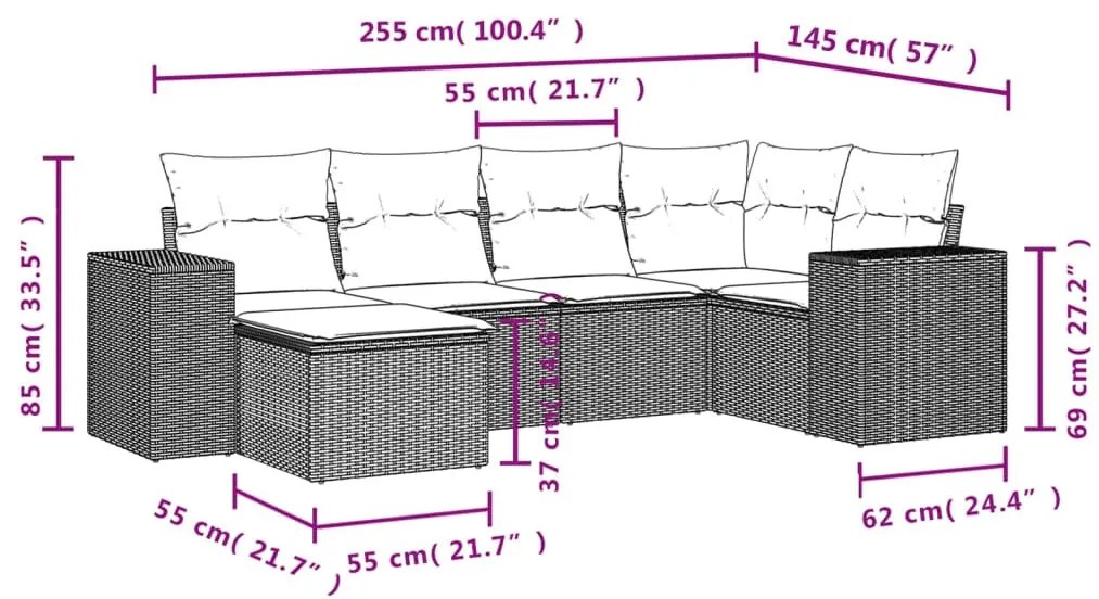 6 részes fekete polyrattan kerti ülőgarnitúra párnákkal