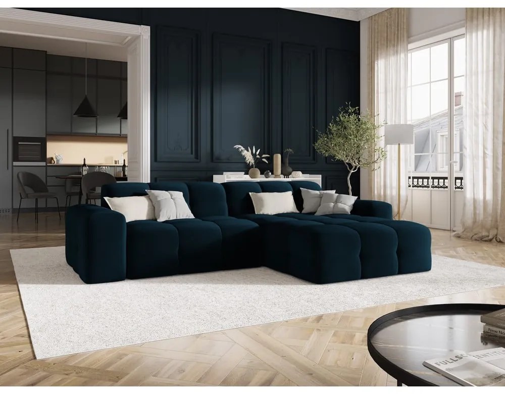 Sötétkék bársony sarokkanapé (jobb oldali) Kendal – Micadoni Home