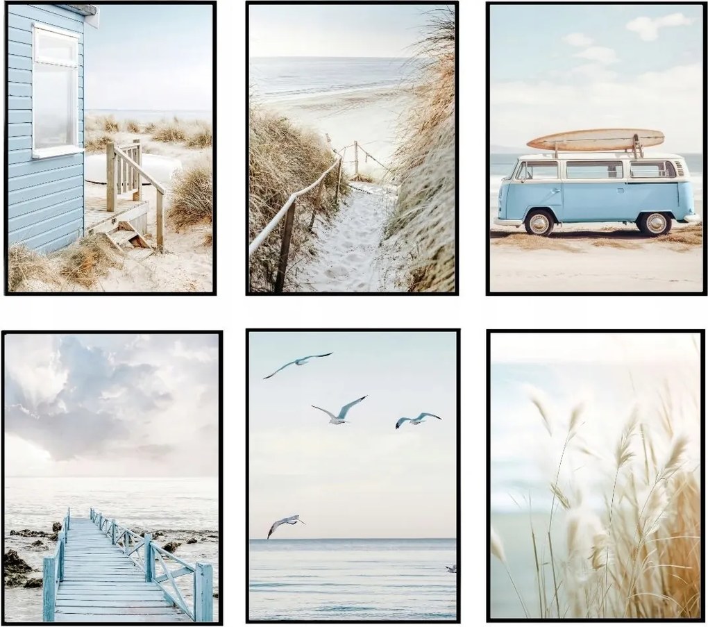 Poszter szett 6db 30x40cm eviero Tenger strand móló fű kék madarak