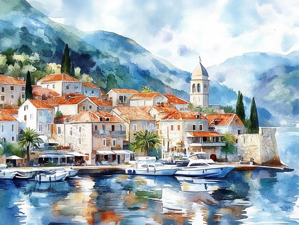 Vászonkép Canvas Horvátország Dalmácia Tenger Hegyek Marina Sétálóutca 80x60