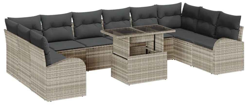 11 részes Kerti Kanapé Szett Párnákkal, Világosszürke, Polyrattan