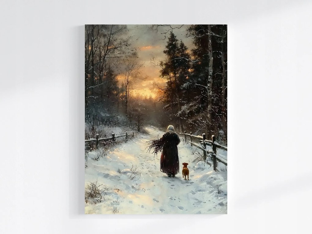 Vászonkép Canvas Tájkép Erdő Ösvény Tél Hó Nő Kutya 75x100