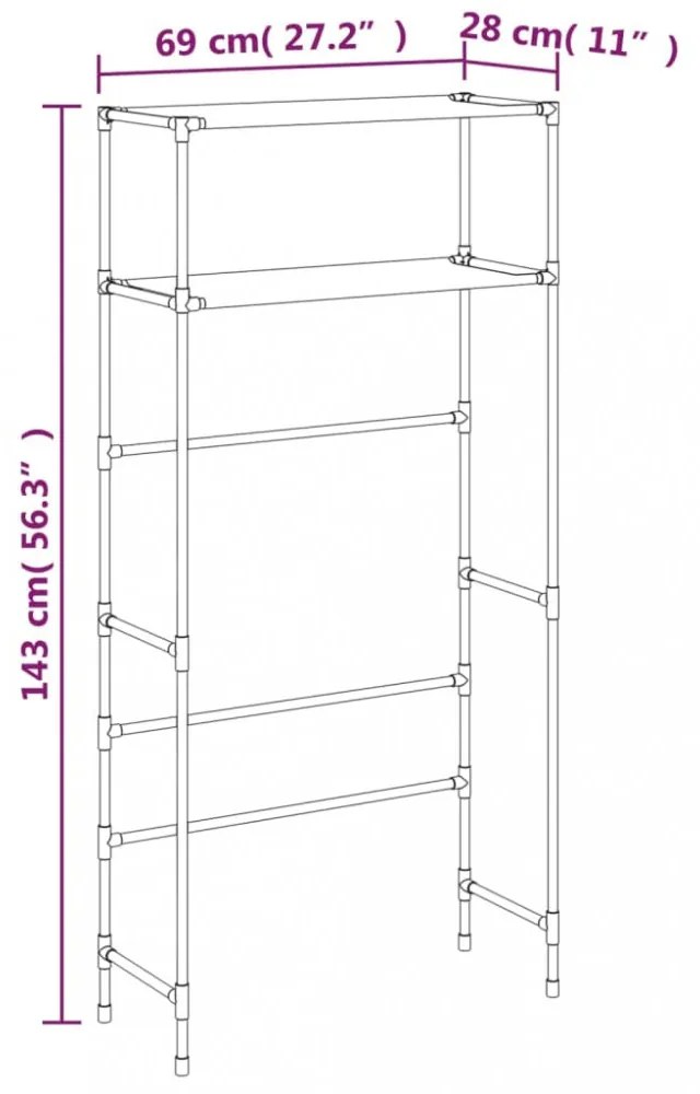 2 szintes fekete vas mosógép feletti tárolóállvány 69x28x143 cm