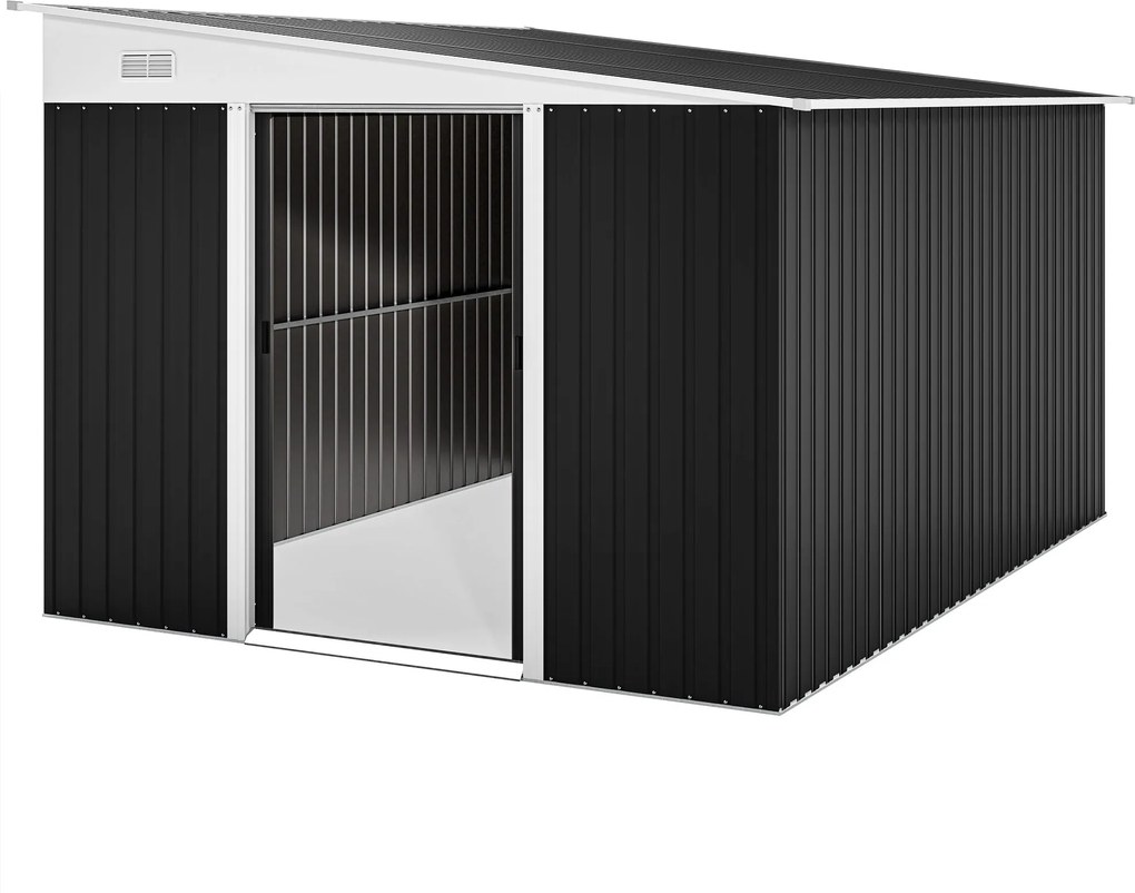 Outsunny 8.9m² Acél Kert Shed 2 Szellőzőnyílással, Eszköztároló Előtetővel, Dupla Csúszó Zárható Ajtókkal és Kesztyűvel, 280x345x169/201cm, Fekete | A