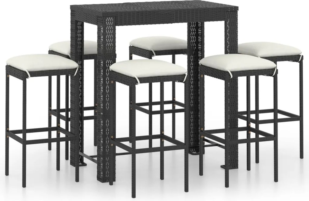 vidaXL 7 részes fekete polyrattan kerti bárszett párnákkal