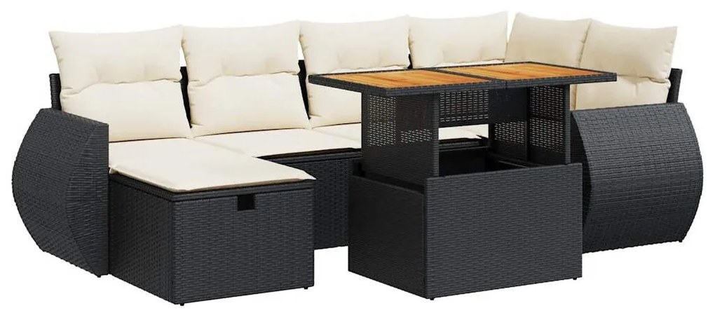 8 részes fekete polyrattan akácfa kerti ülőgarnitúra párnákkal