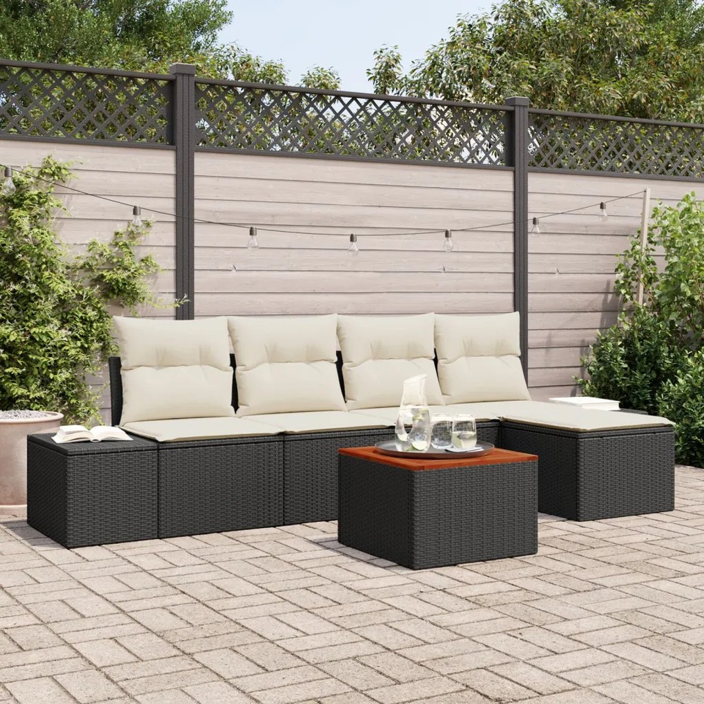 6 Részes Kerti Sofa Szett Párnákkal Fekete Poli Rattan Akácia