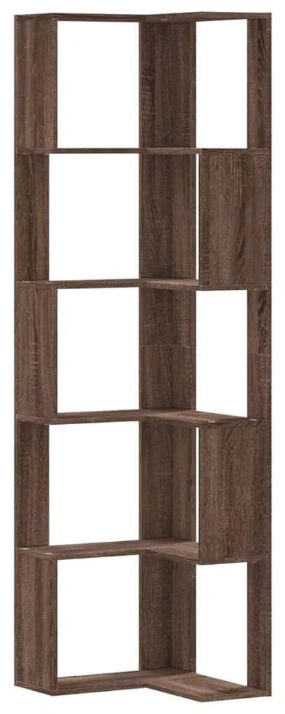5 szintes barna tölgy szerelt fa sarok könyvespolc 50x50x179 cm