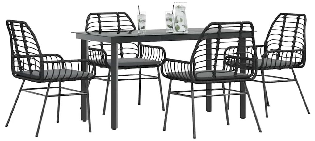 5 részes fekete polyrattan üveg kerti étkezőgarnitúra párnákkal