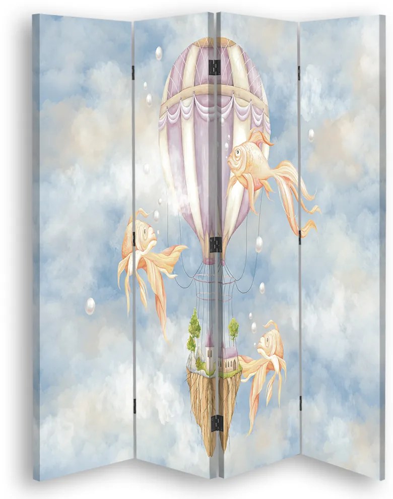Gario Paraván Holégballon, ház és halak a kék égen Méret: 145 x 170 cm, Kivitelezés: Forgó paraván 360°