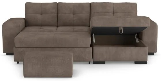 PALERMO barna jobb oldali kihúzható kanapé tárolóval és puffal