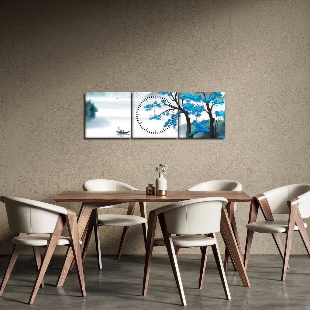 Kép - festett tó csónakkal (órával) (90x30 cm)