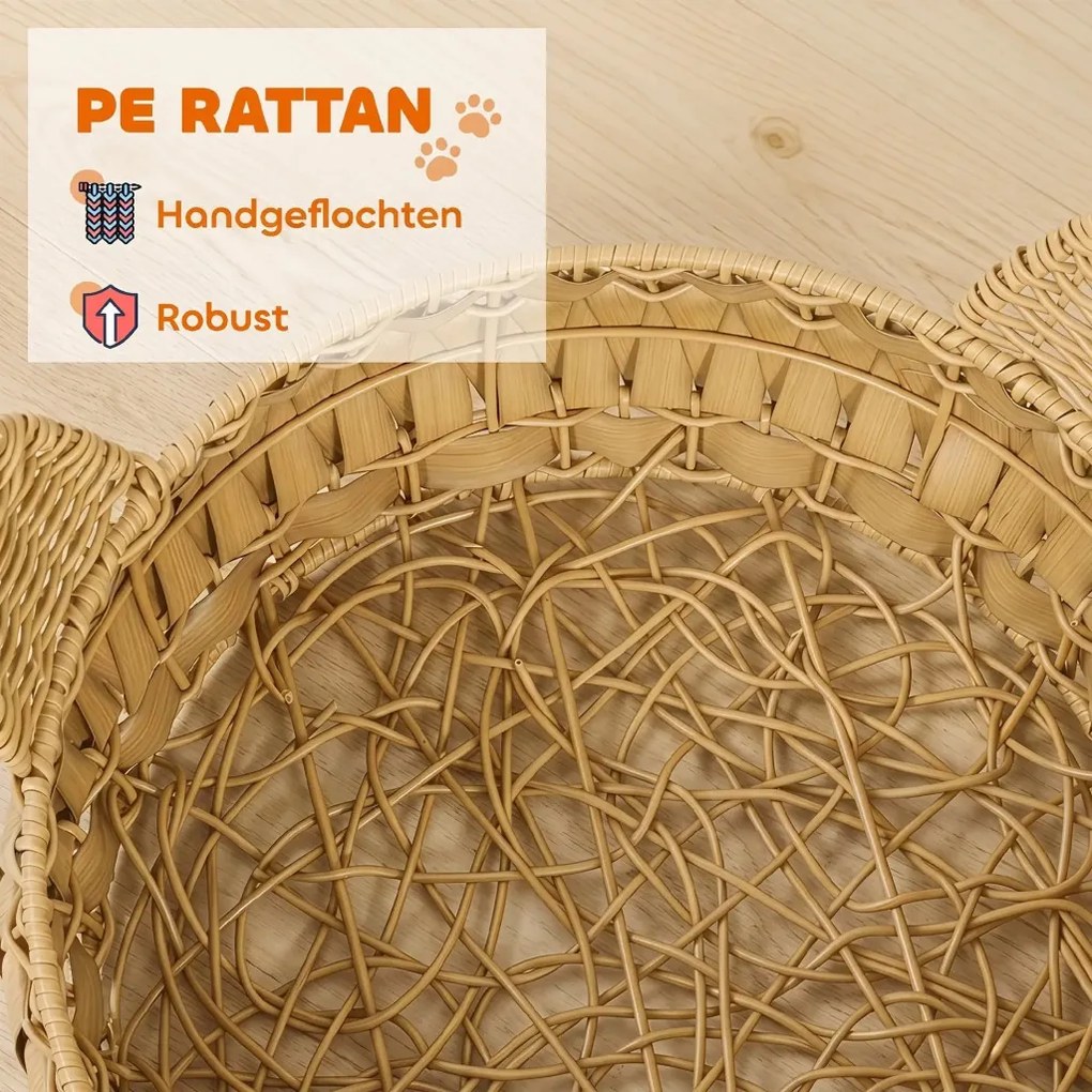 PawHut Rattan macskafekhely, macskabarlang levehető párnával, macskakosár 10 kg-ig, világosbarna