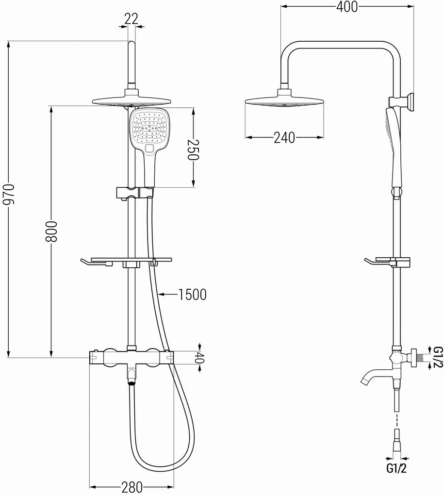 Mexen - KT33 zuhanygarnitúra termosztatikus kádcsappal Kai, fekete, 779003393-70