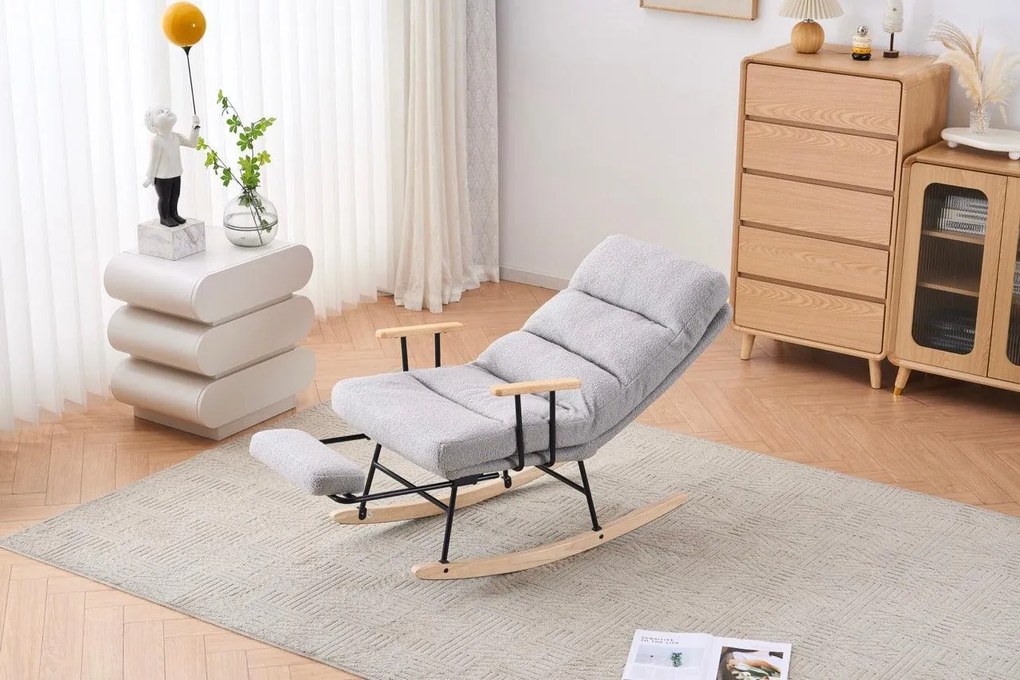 Hintaszék fa lábakkal, plüss szövettel, 4 fokozatban állítható háttámlával, Szürke színben