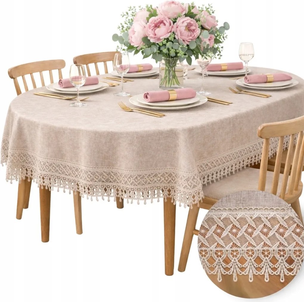 Abrosz Ovális Asztali Elegáns Bézs Sima karácsonyra csipkével 130x180