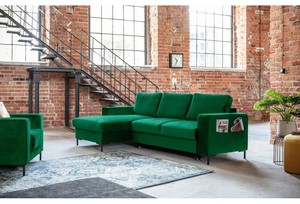 Lofty Lilly zöld kinyitható bársony sarokkanapé, bal oldali - Miuform