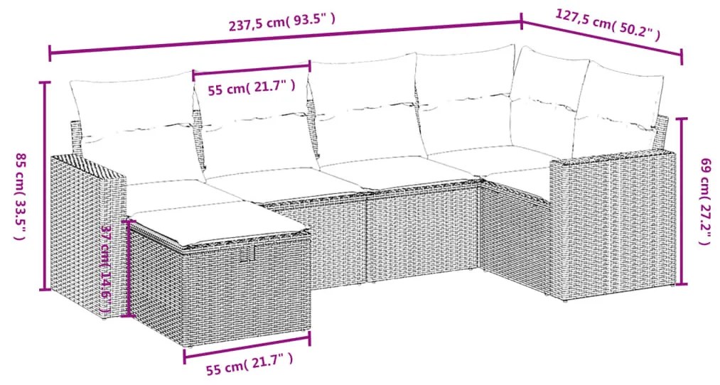 6 részes bézs polyrattan kerti ülőgarnitúra párnával