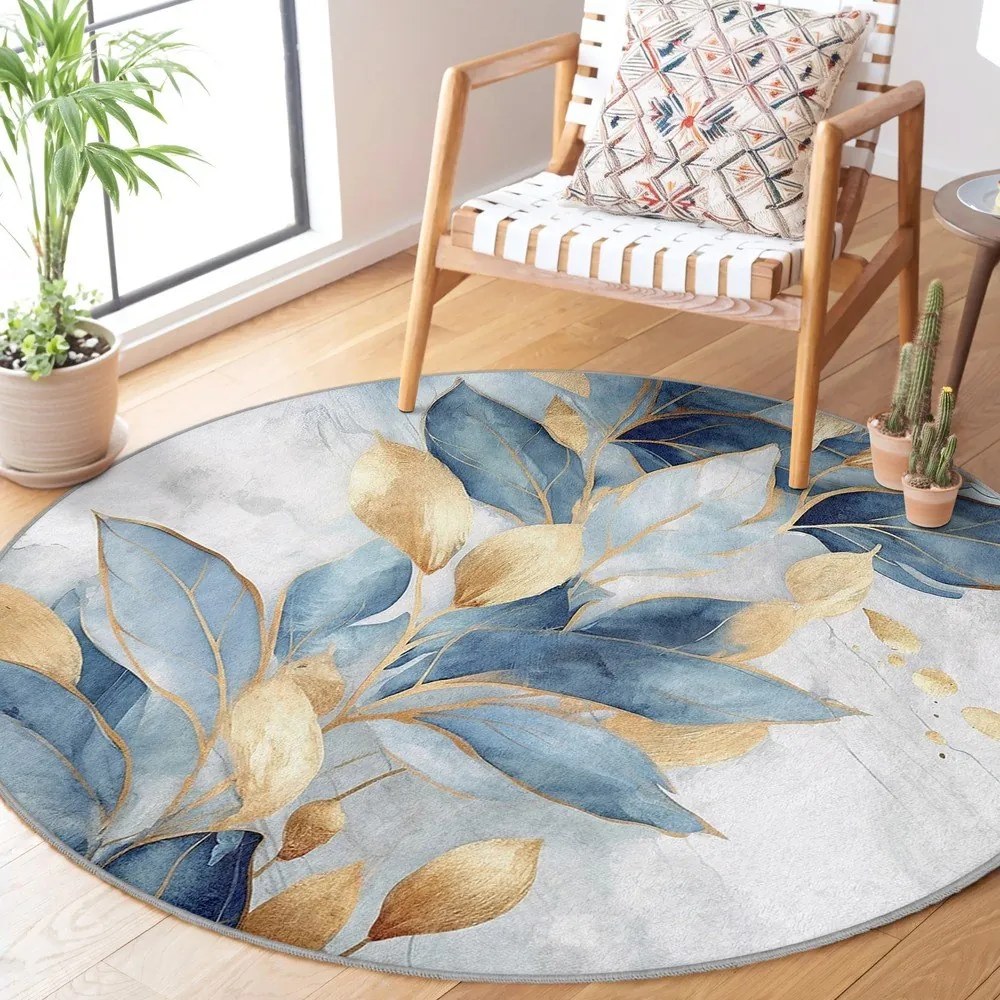 Kék-aranyszínű mosható kerek szőnyeg ø 100 cm Golden Leaves – Mila Home