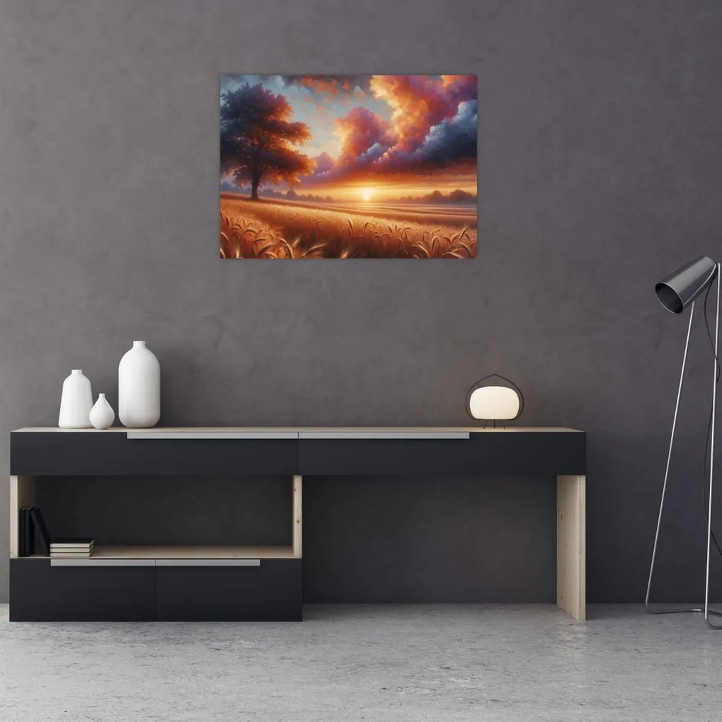 Üveg kép – Naplemente a mezőn (70x50 cm)