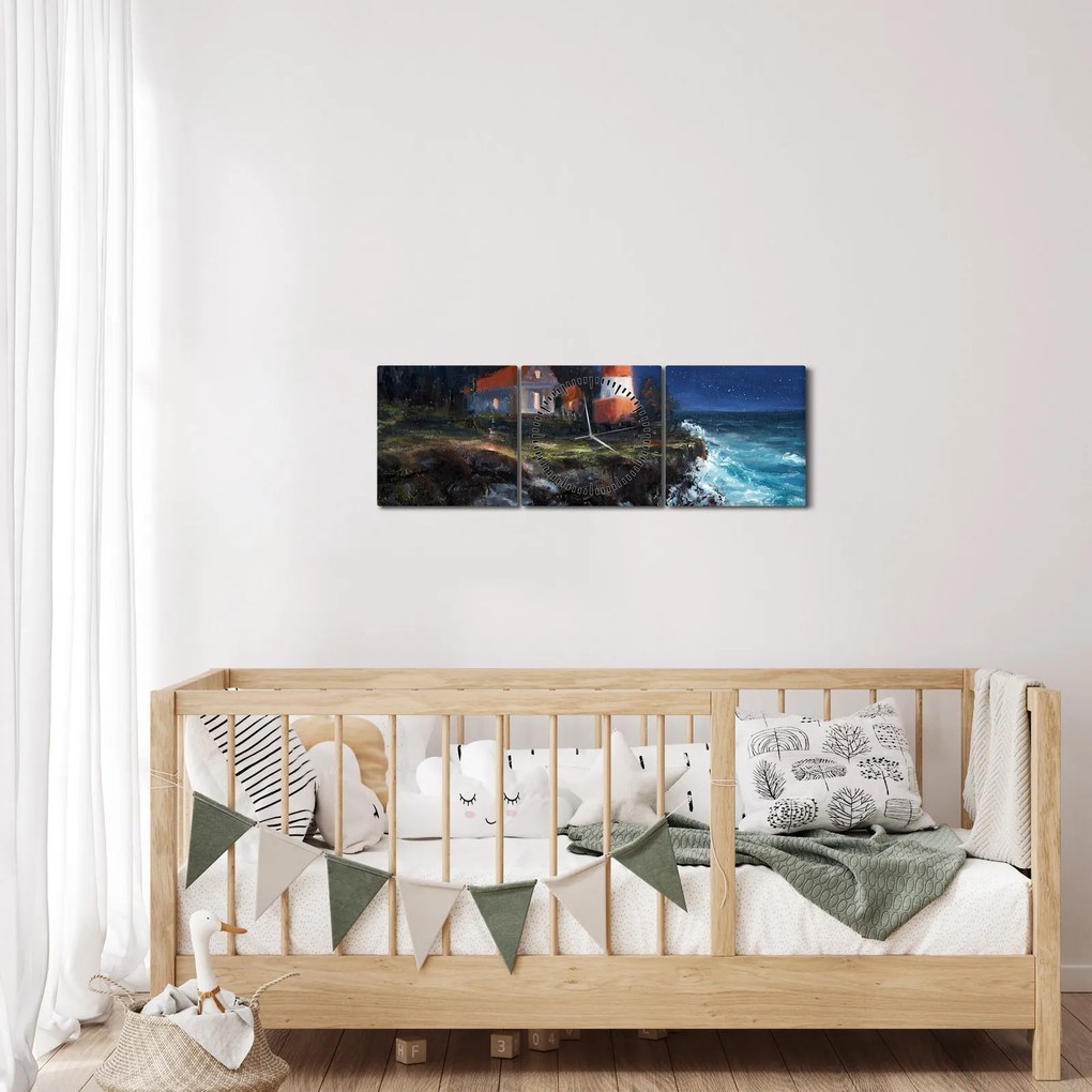 Kép - világítótorony az óceán partján, akvarell (órával) (90x30 cm)