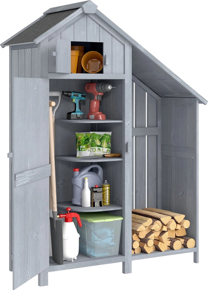 Outsunny időjárásálló lucfenyő kerti tárolószekrény aszfalt tetővel és polcokkal, szürke — 129 x 51,5 x 180 cm | Aosom