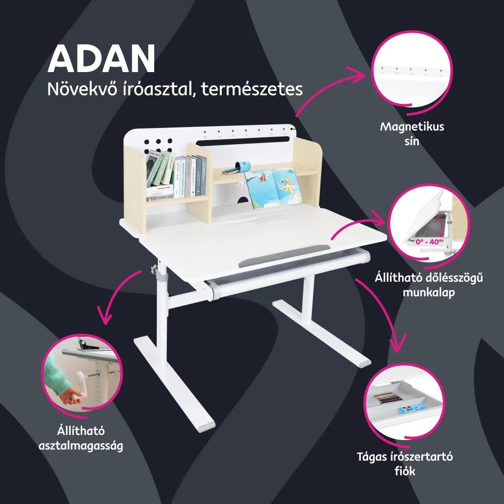 Növekvő íróasztal, természetes/fehér, ADAN