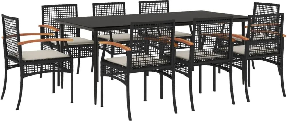 vidaXL 9 részes fekete polyrattan kerti étkezőgarnitúra párnákkal