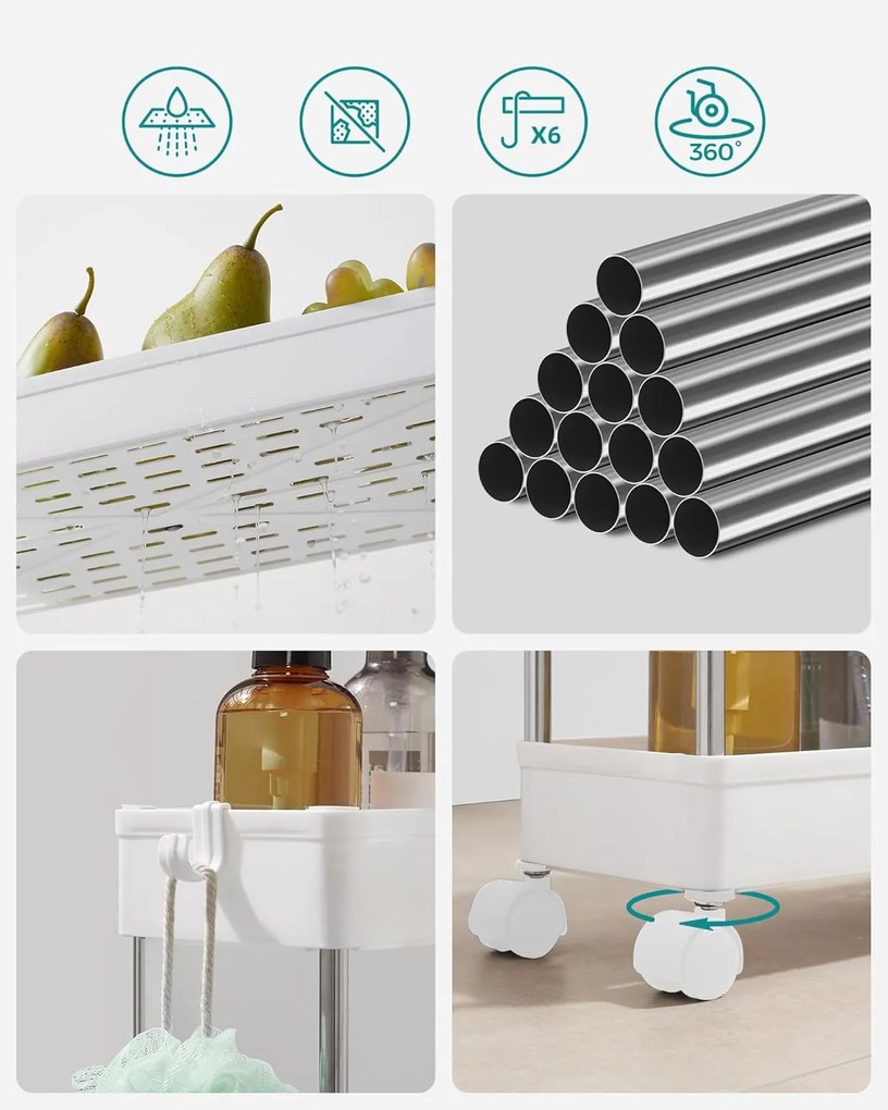 Tárolókocsi, guruló polc, 3 szintes, helytakarékos, fürdőszobába, konyhába, irodába, 40 x 12,5 x 60 cm, fehér