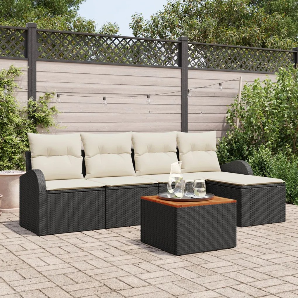 6 Részes Kerti Sofa Szett Párnákkal Fekete Poli Rattan Akácián