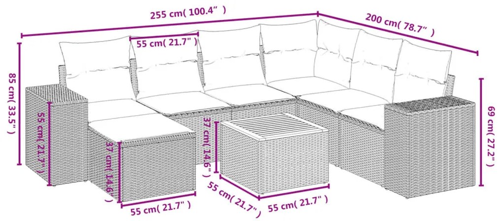 8 részes bézs polyrattan kerti ülőgarnitúra párnával