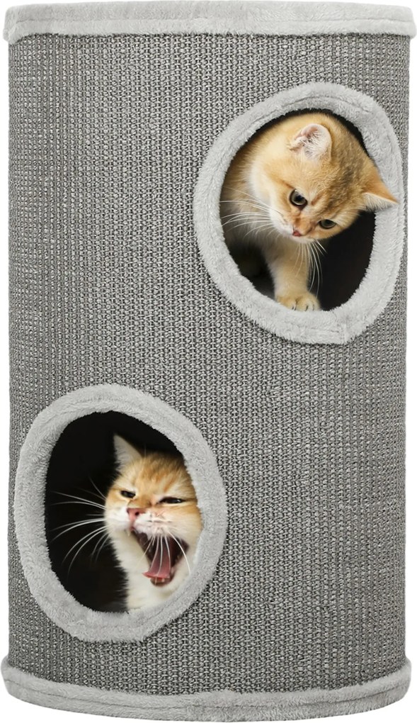 PawHut hordó alakú macskakaparó, 60 cm magas × 35 cm átmérő – 2 szintes macskabútor 2 kuckóval, plüss szegéllyel, 1–2 macskához (max. 5 kg/db), világo